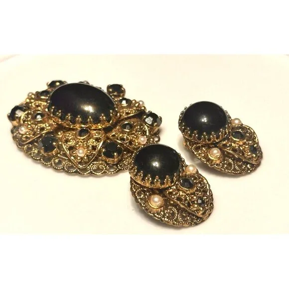 WEST GERMANY BLACK HEMATITE PEARL GOLD FILIGREE PENDANT & CLIP ON EARRINGS SET - Picture 11 of 12